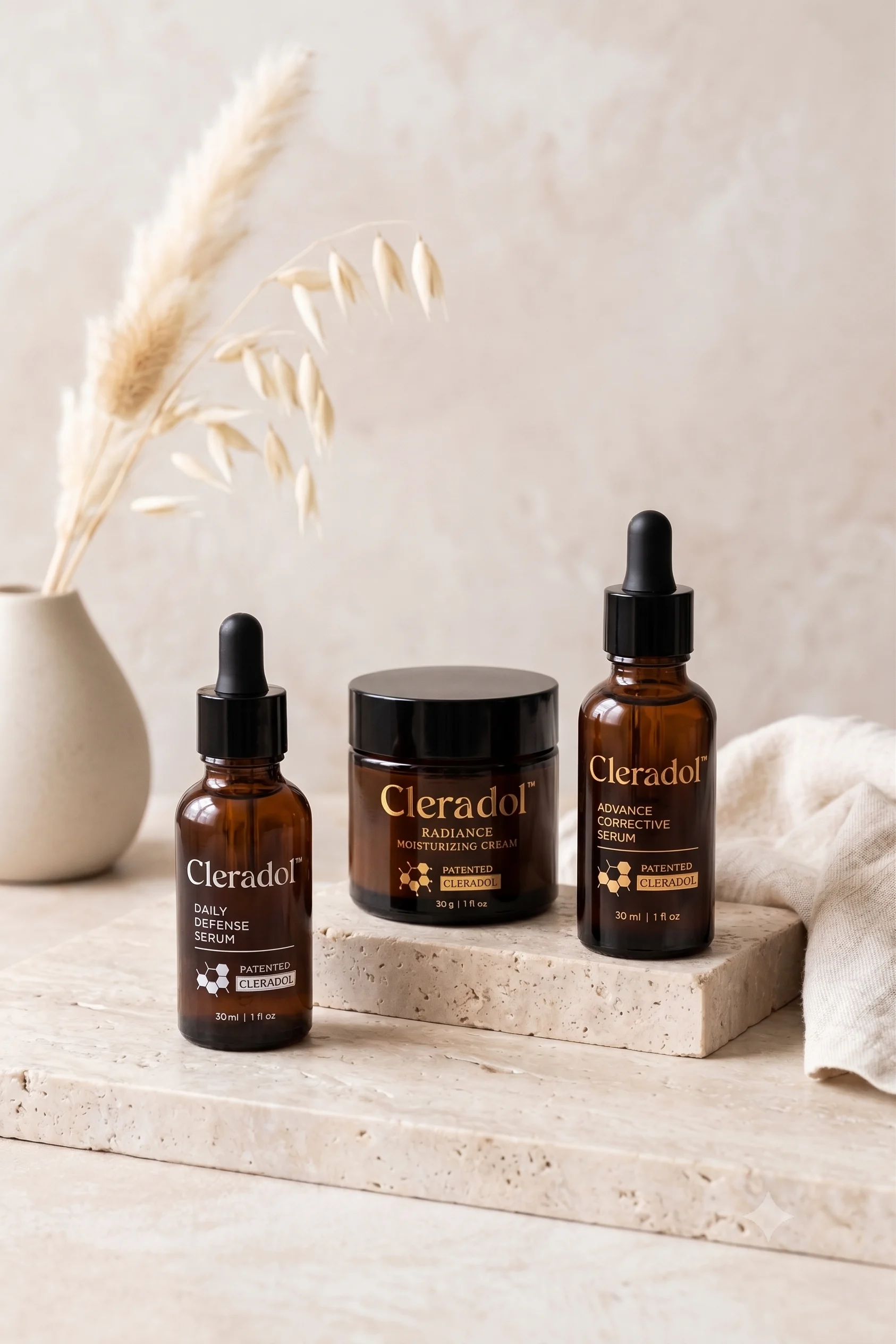 Cleradol skincare range in an editorial product shoot